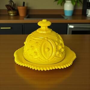 Mosser Yellow Cadmium Glass Butter Dish – Glows Under UV Vintage Cheese Dome